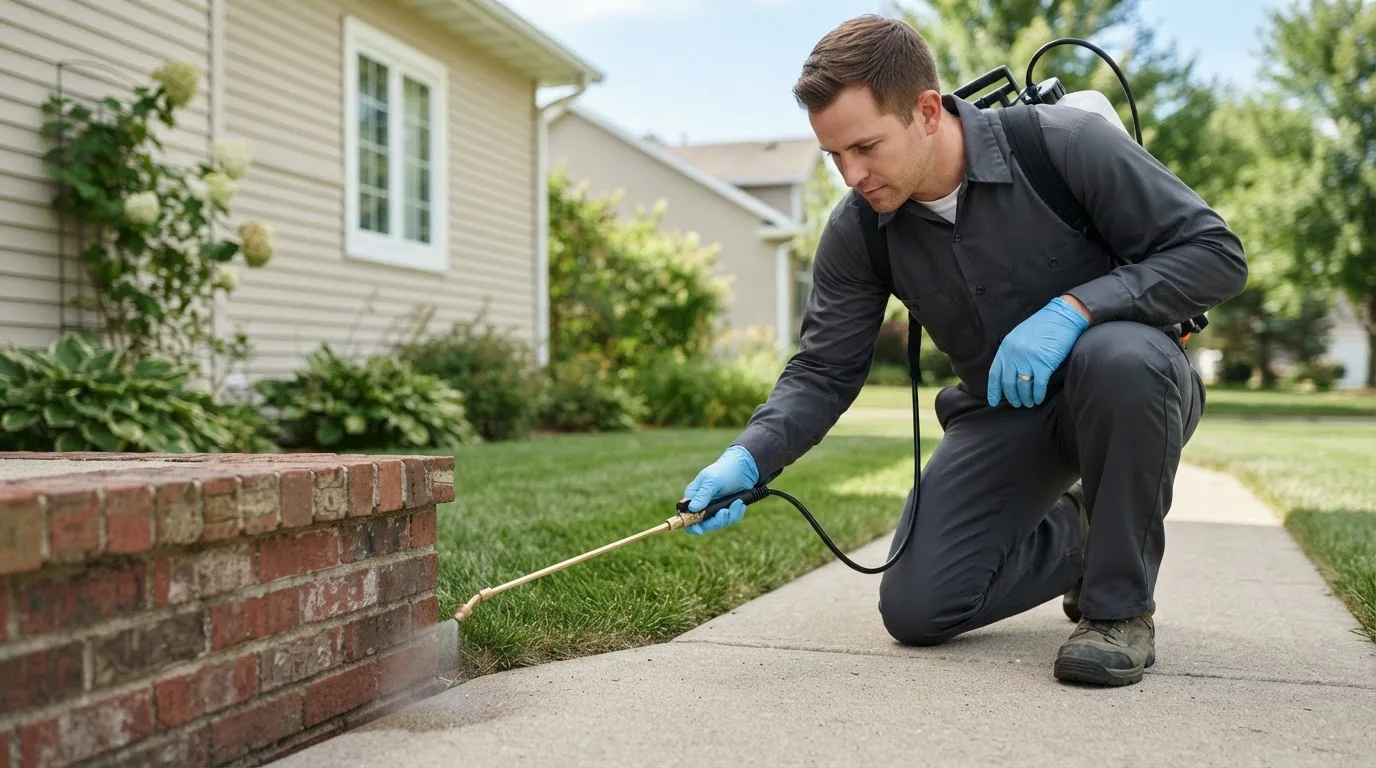 Pest control technician treating a home near Humansville, MO