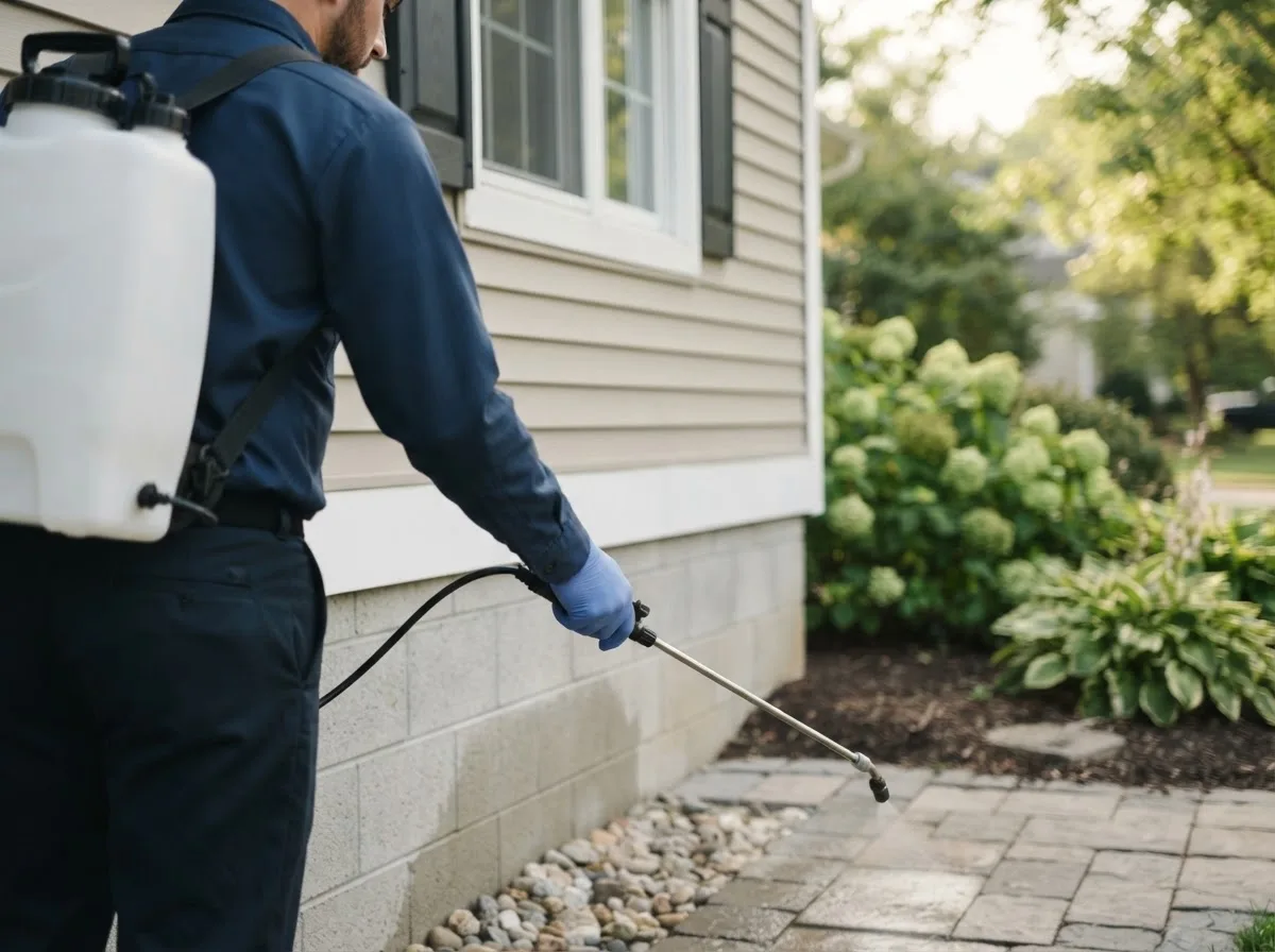 Pest control technician inspecting a home in Humansville, MO